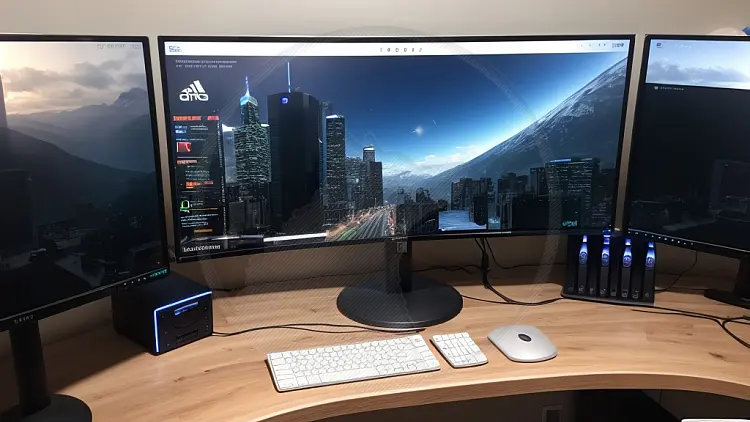 A traditional desk setup with multiple monitors