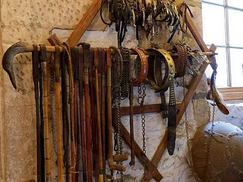 Various leads and collars hanging on the stairway wall